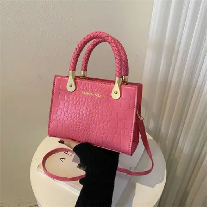 Sac à main vert croco tendance avec poignées tressées et chaîne réglable