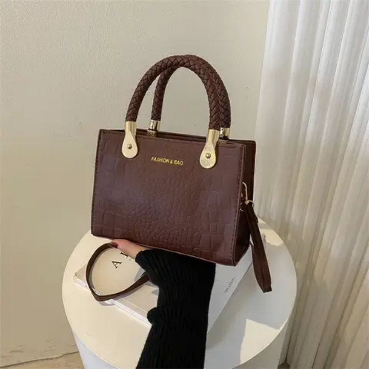 Sac à main vert croco tendance avec poignées tressées et chaîne réglable