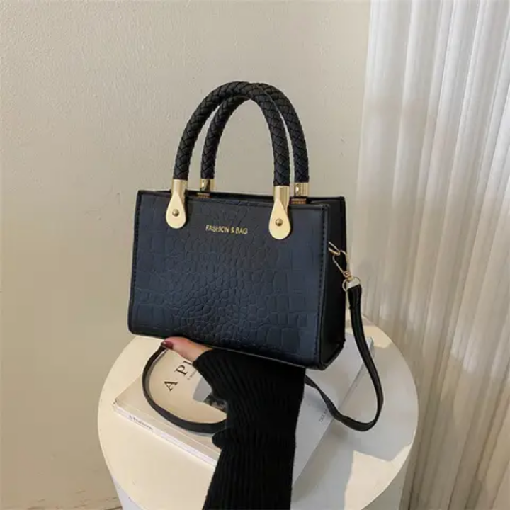 Sac à main vert croco tendance avec poignées tressées et chaîne réglable