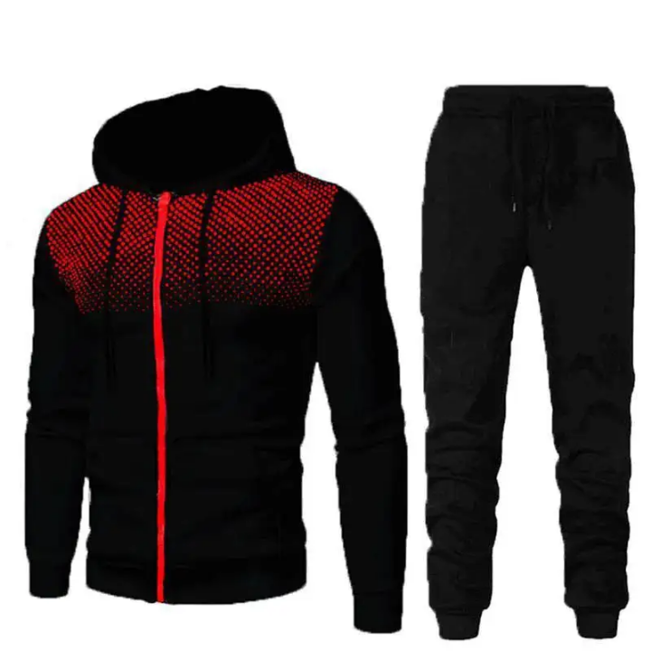 Ensemble Survêtement Sport Homme – Sweat à Capuche Rouge avec Poche + Jogging Noir – Design Perforé Ultra Confort