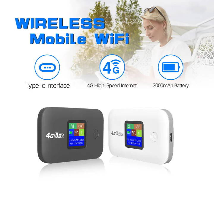 `Routeur WiFi 4G LTE Portable MiFi - Box Internet Sans Fil avec Écran LCD - Batterie 3000mAh - 10 Appareils - Noir/Blanc`