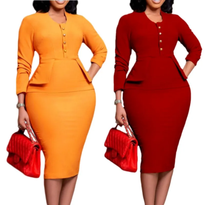 Robe Fourreau Peplum Chic Femme - Coupe Crayon Boutonnée Manches 3/4 - Orange ou Rouge - Tenue Bureau Cérémonie