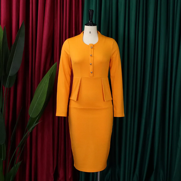 Robe Fourreau Peplum Chic Femme - Coupe Crayon Boutonnée Manches 3/4 - Orange ou Rouge - Tenue Bureau Cérémonie