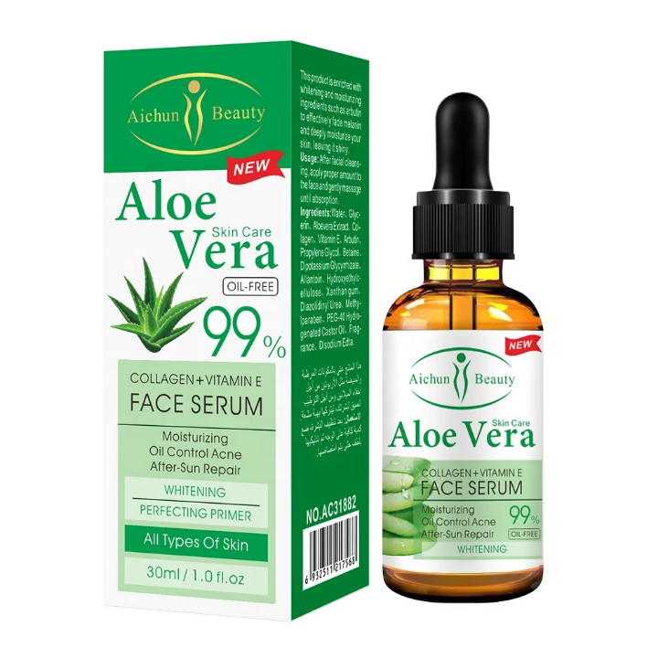 Aichun Beauty Sérum Visage Aloe Vera 99% + Collagène & Vitamine E - Hydratant, Anti-Acné, Éclaircissant, Oil-Free - 30ml - Tous Types de Peau