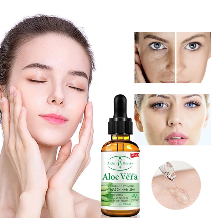 Aichun Beauty Sérum Visage Aloe Vera 99% + Collagène & Vitamine E - Hydratant, Anti-Acné, Éclaircissant, Oil-Free - 30ml - Tous Types de Peau