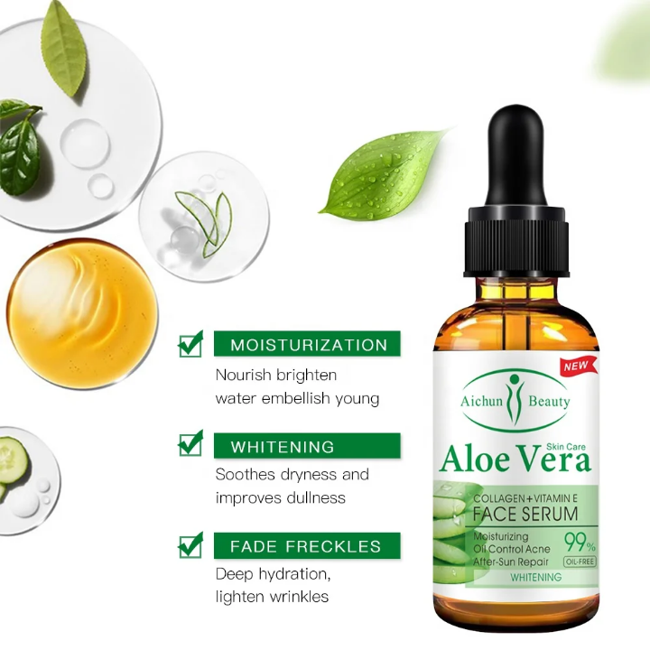 Aichun Beauty Sérum Visage Aloe Vera 99% + Collagène & Vitamine E - Hydratant, Anti-Acné, Éclaircissant, Oil-Free - 30ml - Tous Types de Peau