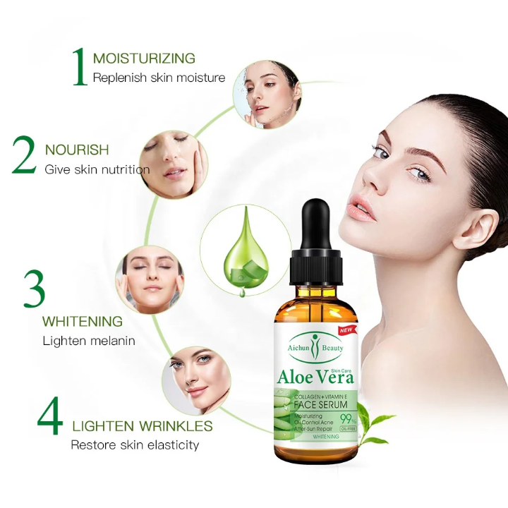 Aichun Beauty Sérum Visage Aloe Vera 99% + Collagène & Vitamine E - Hydratant, Anti-Acné, Éclaircissant, Oil-Free - 30ml - Tous Types de Peau