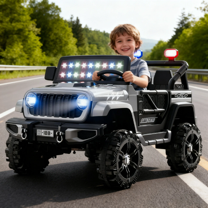 Jeep Électrique Enfant 4x4 - Voiture à Batterie 12V avec Télécommande Parents | Phares LED + Musique + Gyrophare